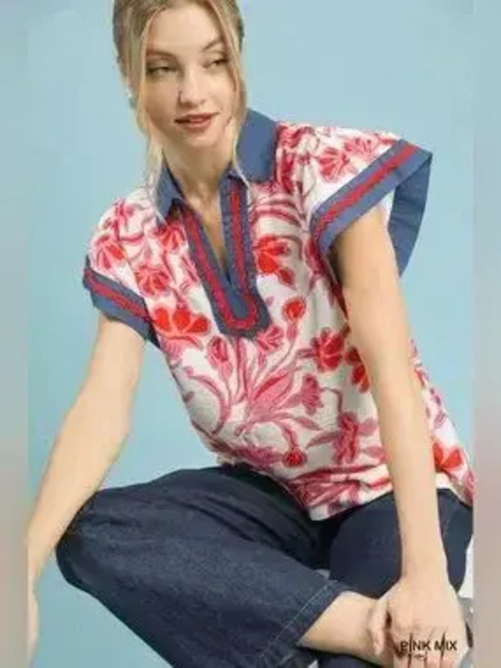 Umgee Floral Split Neck Top - Picture 6 of 7